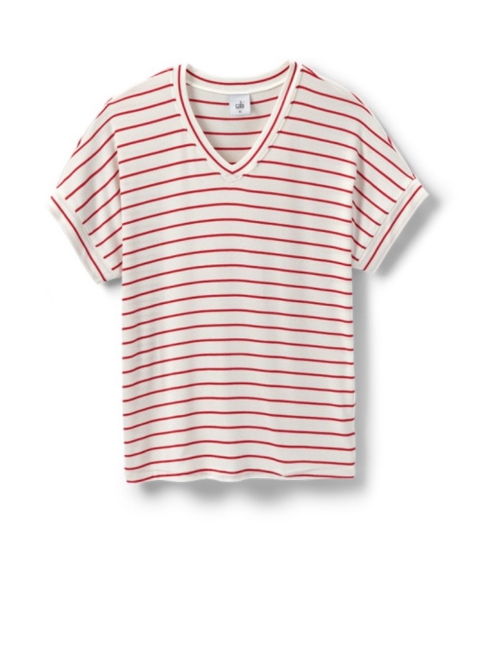 Cabi Striped V-Neck Tee in White and Red